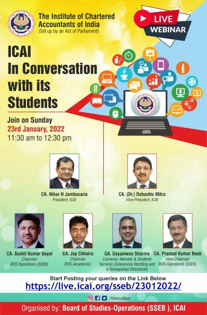 Live Webinar by ICAI for CA Students on 23rd Jan 2022 1